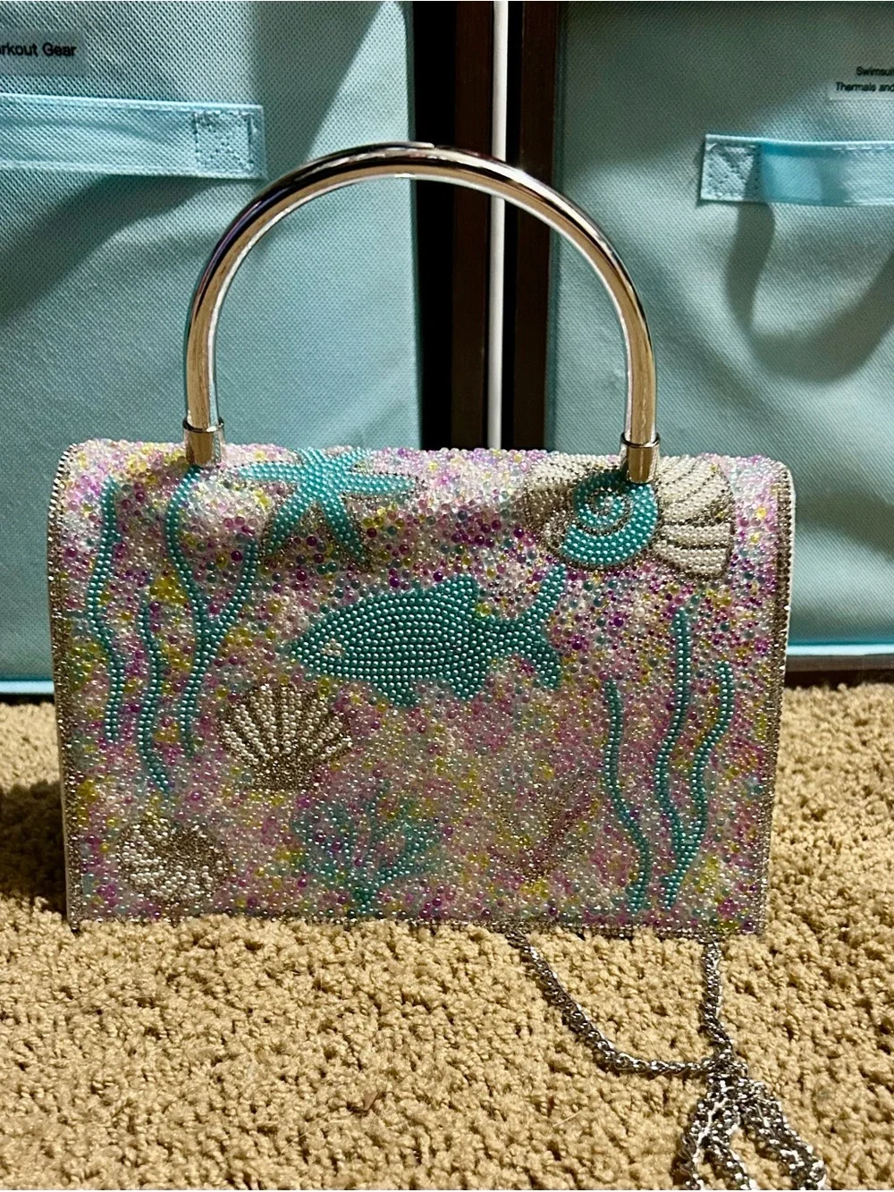 Ocean Life Beaded Silver Bag Detachable Purse Strap Silver Tone